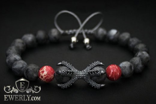 Каменный браслет чёрный с красным для мужчины 123032KQ, фото